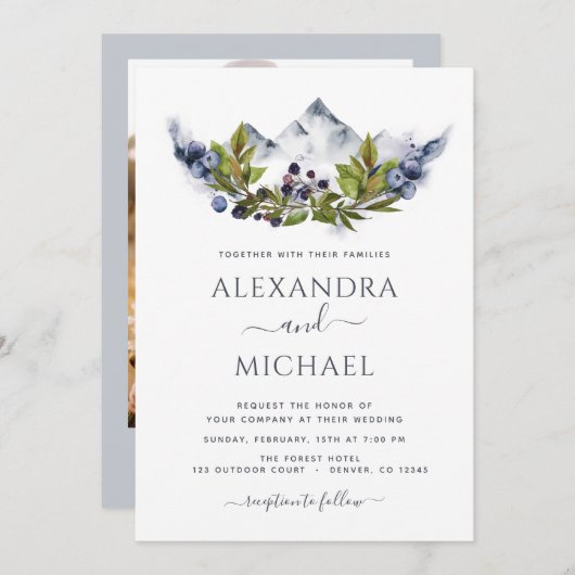 山素朴写真水彩緑結婚色 招待状 (正面/裏面)