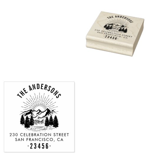 山素朴、松の木と太陽差出人住所 ラバースタンプ (押印)