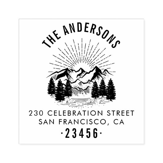 山素朴、松の木と太陽差出人住所 ラバースタンプ (インプリント)