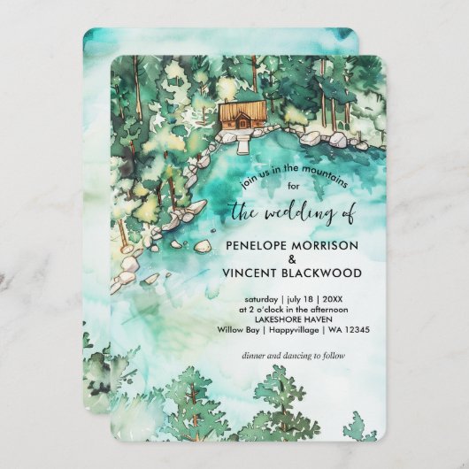 山結婚の水の色の招待 招待状 (正面/裏面)