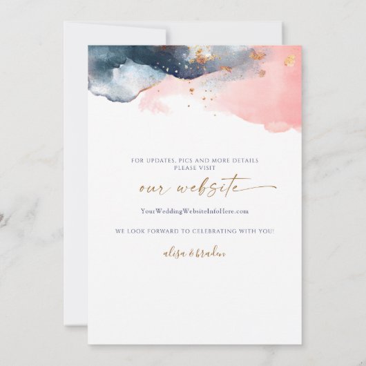 山結婚の水モダン色ネイビーピンク金ゴールド 招待状 (裏面)