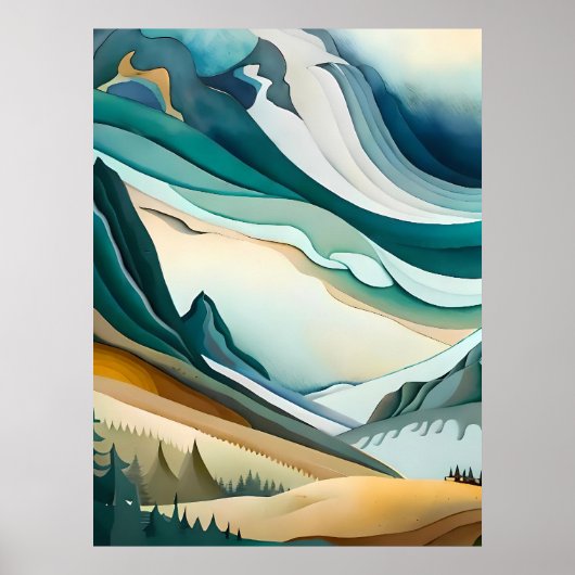 山絵画抽象芸術青曇り松 ポスター (正面)