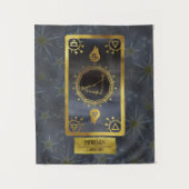 山羊座の暗い〔占星術の〕十二宮図星占い：黒い金ゴールド名 タペストリー (正面)