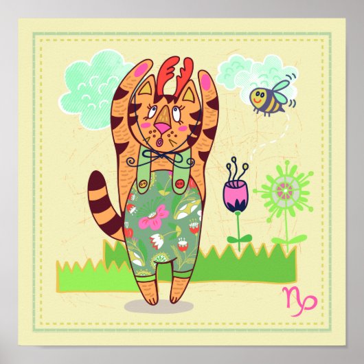 山羊座ネコ〔占星術の〕十二宮図子供部屋プリント ポスター (正面)