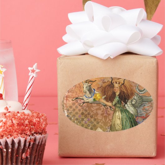 山羊座女性ヤギお洒落おもしろい 楕円形シール (パーティー)