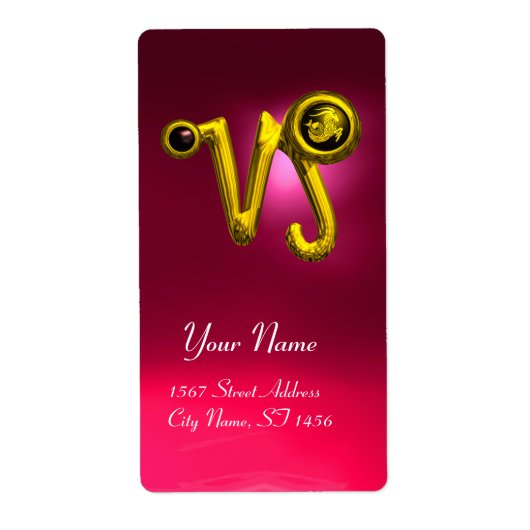 山羊座金ゴールド〔占星術の〕十二宮図ジュエルブラックオニキス、赤ルビー ラベル (正面)