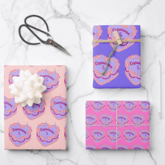 山羊座〔占星術の〕十二宮図コケットハートお誕生日ケーキ ラッピングペーパーシート (正面)