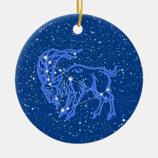 山羊座〔占星術の〕十二宮図サインと星オン深いブルーセラ セラミックオーナメント (正面)