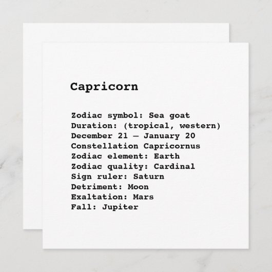 山羊座〔占星術の〕十二宮図サイン星占い誕生日カード (正面/裏面)