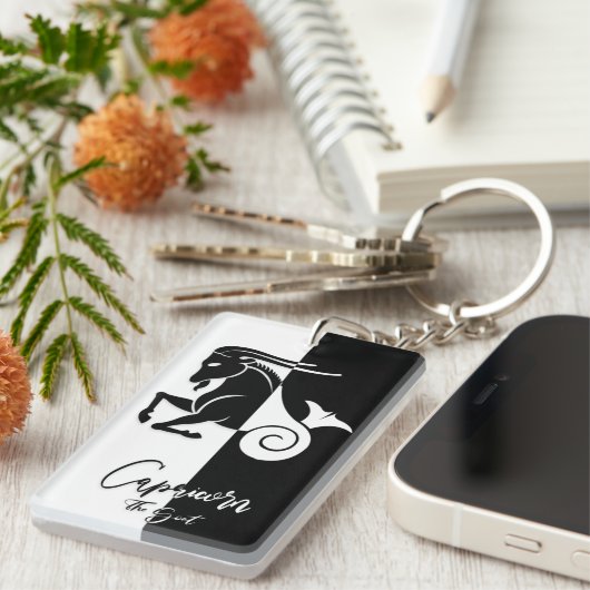山羊座〔占星術の〕十二宮図サイン、白黒キーチェーン キーホルダー (正面右)