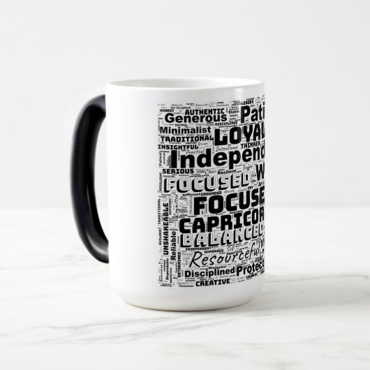 山羊座〔占星術の〕十二宮図ワードクラウドインスピレーション モーフィングマグカップ (正面左)