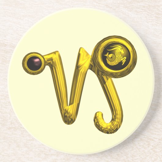 山羊座〔占星術の〕十二宮図誕生日ジュエル金ゴールド、ブラックオニキス コースター (正面)