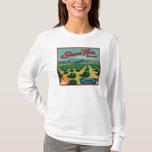 山脈ヴィスタのブランドの柑橘類の木枠のラベル Tシャツ (正面)