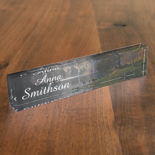 山脈mountain湖のシカの野性生物の机の名札 デスクネームプレート (側面)