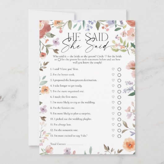 山花と言って、彼女はブライダルシャワーゲームを言った 招待状 (正面)