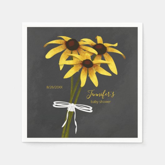 山花の束ブラックアイドスーザンベイビーシャワー スタンダードカクテルナプキン (正面)
