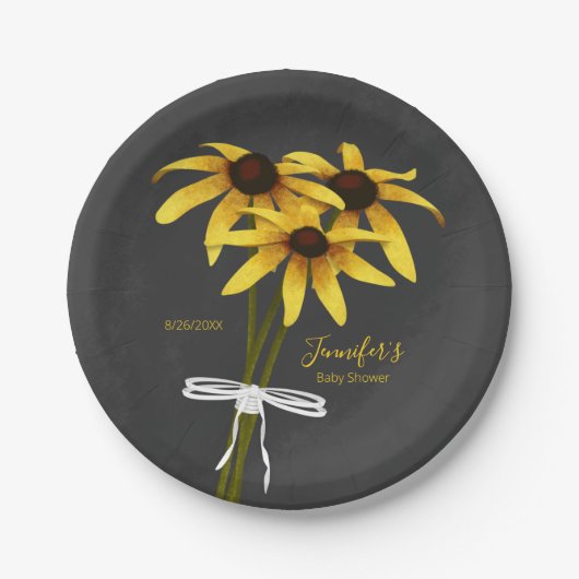山花の束ブラックアイドスーザンベイビーシャワー ペーパープレート (正面)