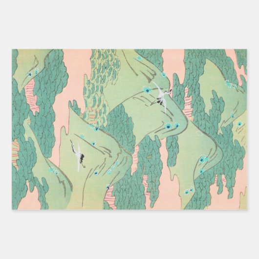 山越えの鶴のヴィンテージ日本の図 ラッピングペーパーシート (正面3)