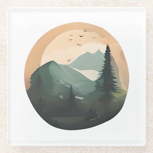 山頂の日の出：静かな山の景色 ガラスコースター (正面)