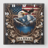 山飛んでいるとアメリカ国旗の上のワシ スクエア壁時計 (正面)