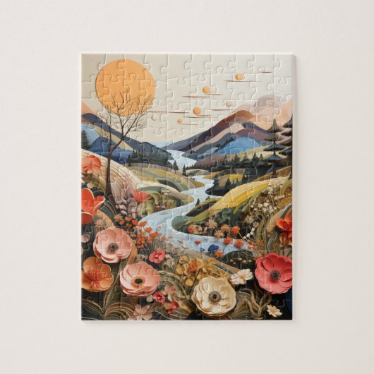 山、ストリームおよびワイルドフラワー ジグソーパズル (縦)