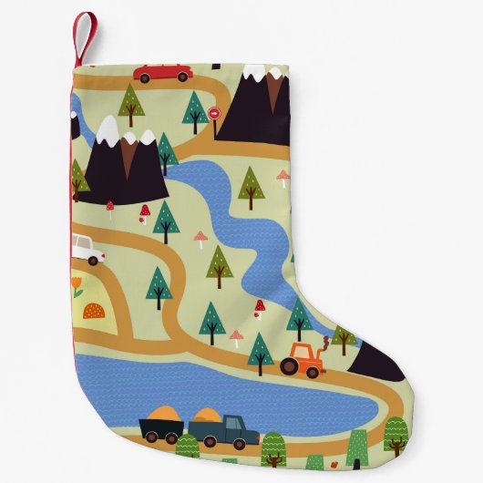 山、川、森、車のパターン。 スモールクリスマスストッキング (正面)