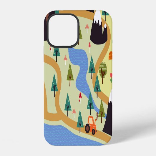 山、川、森、車のパターン。 iPhoneケース (裏面)