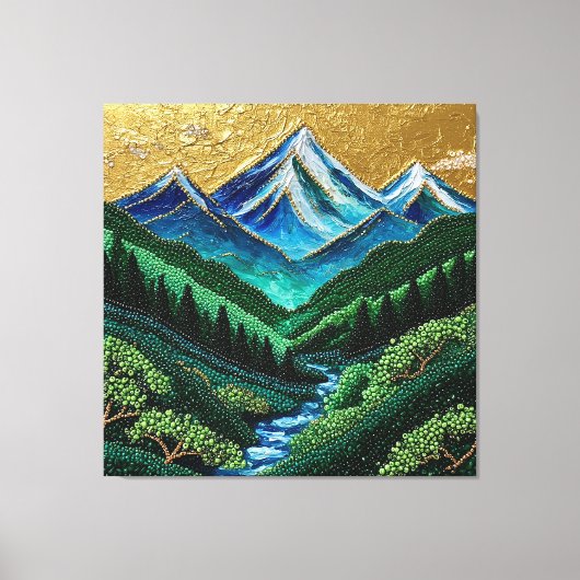 山、森、小川、黄金の空 キャンバスプリント (正面)
