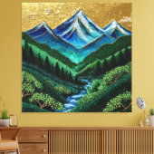 山、森、小川、黄金の空 キャンバスプリント (インサイチュ (リビング))