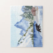 山、湖、木、キャビン、クマの冬のシーン ジグソーパズル (縦)