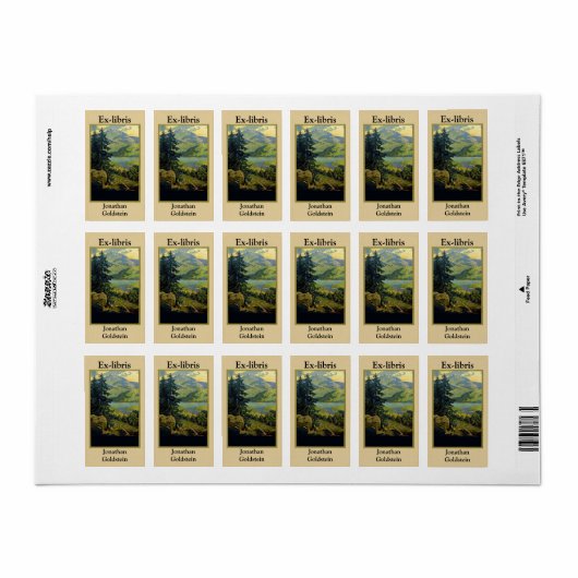 山、鹿、木、蔵書票 ラベル (フルシート)