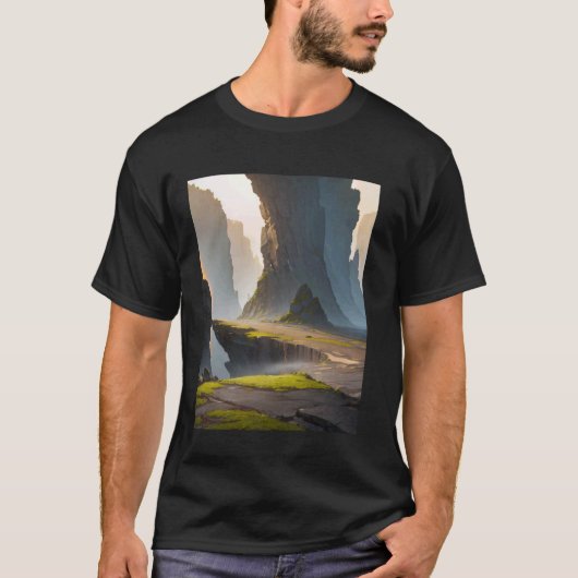 岩だらけのエリア 崖 コケ 霧 影 渓谷 Tシャツ (正面)