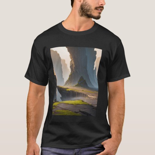 岩だらけのエリア 崖 コケ 霧 影 谷 Tシャツ (正面)