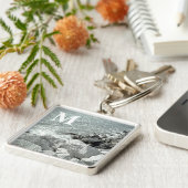 岩だらけの海の海岸の白黒写真 キーホルダー (側面)