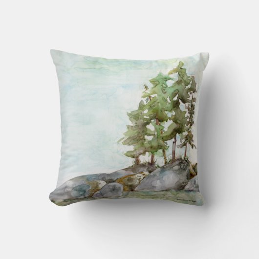 岩と絵画松の水彩BWCAW クッション (正面)