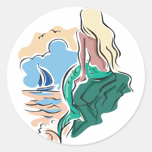 岩にかわいらし座っている人魚 ラウンドシール (正面)