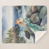 岩に浮かぶ水色の人魚 シェルパブランケット (正面(横))