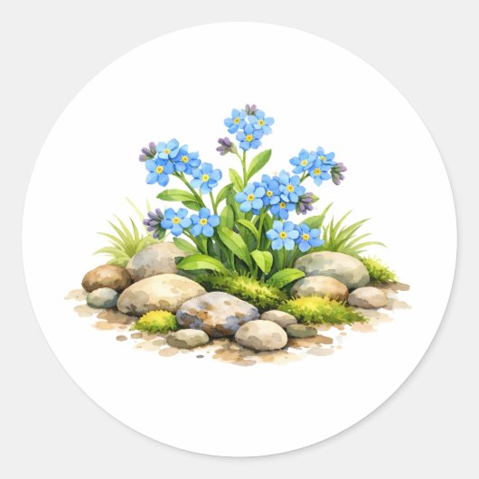 岩のそばのウォーターカラーのワスレナグサの花 ラウンドシール (正面)