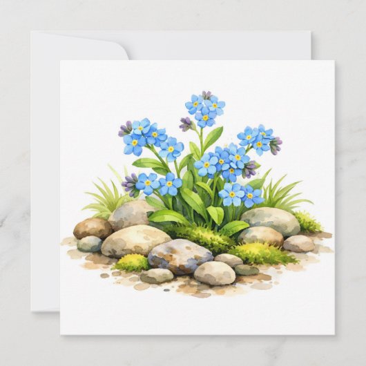 岩のそばの忘れな草の水彩画 カード (正面)