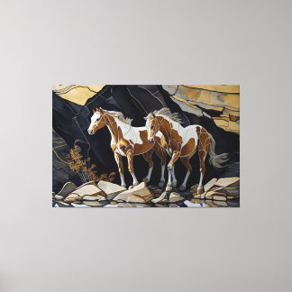 岩のアートワークを散歩する2本のホースCanv キャンバスプリント
