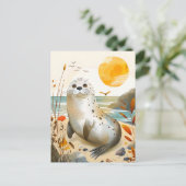 岩の上でくつろぐカートゥーンのシール ポストカード (スタンド正面)