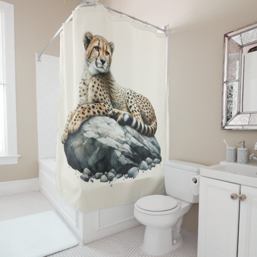 岩の上で休むチーター シャワーカーテン (インサイチュ)