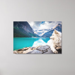 岩の上に座っている白い犬 キャンバスプリント