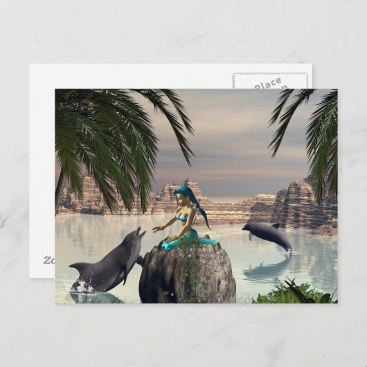 岩の上に座っている美しい人魚 ポストカード (正面/裏面)