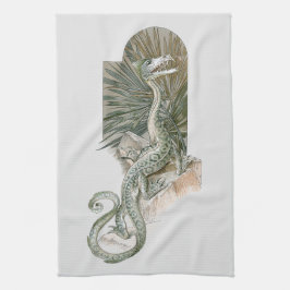 岩の上に神話のトカゲの竜、ヴィンテージ神話 キッチンタオル