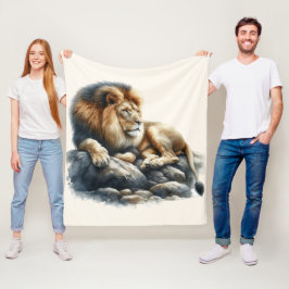 岩の上に静止しているリーガルアフリカライオン – 水彩 フリースブランケット