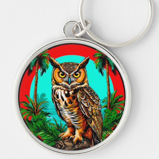 🦉 岩の上のフクロウのトロピカルシーン🦉 キーホルダー (正面)