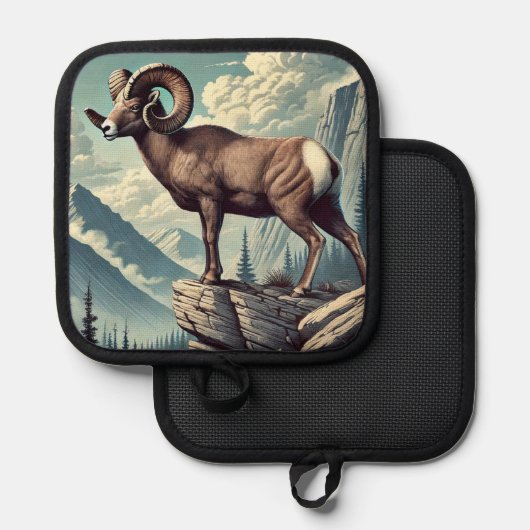 岩の多いアウトクロップの上のヒツジ 鍋敷き (正面/裏面)