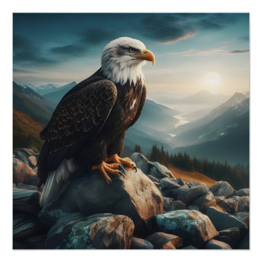 岩の多い地形に止まったワシ ポスター (正面)
