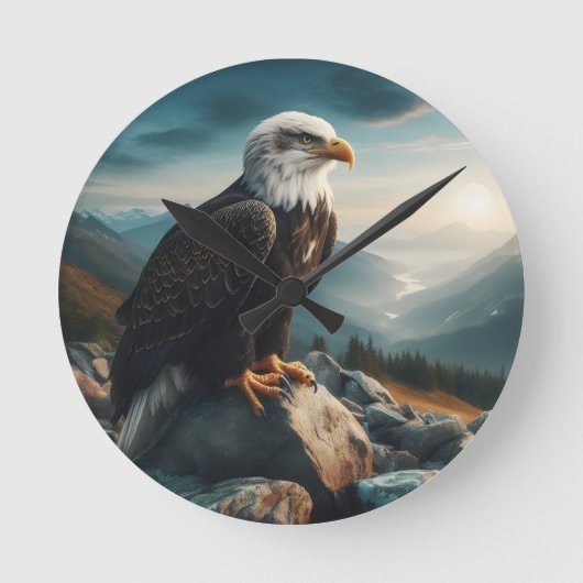 岩の多い地形に止まったワシ ラウンド壁時計 (正面)